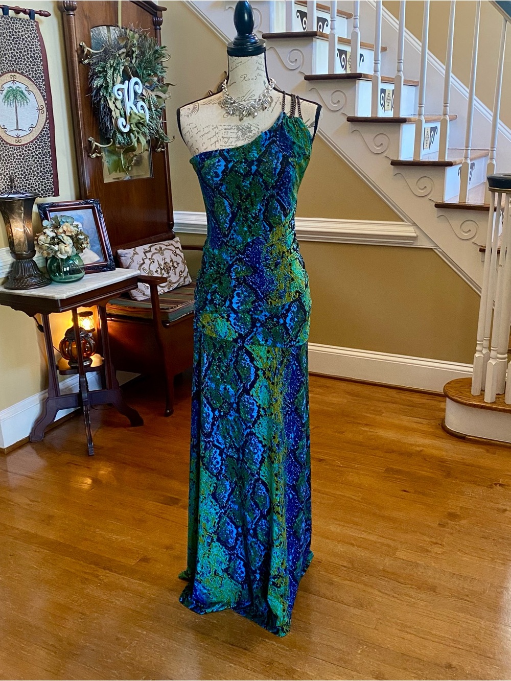 Veronica M one shoulder snakeskin maxi dress